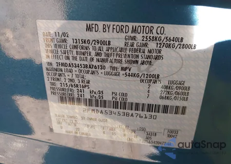 2003 Ford Windstar Sel from USA, damaged, VIN 2FMDA53453BA76130